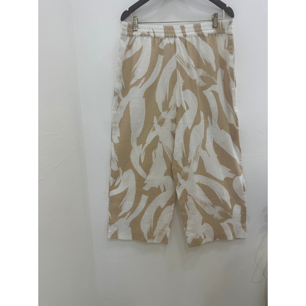 Unbranded Tan White Abstract Print Linen Blend Wide Leg Crop Pants Womens XL